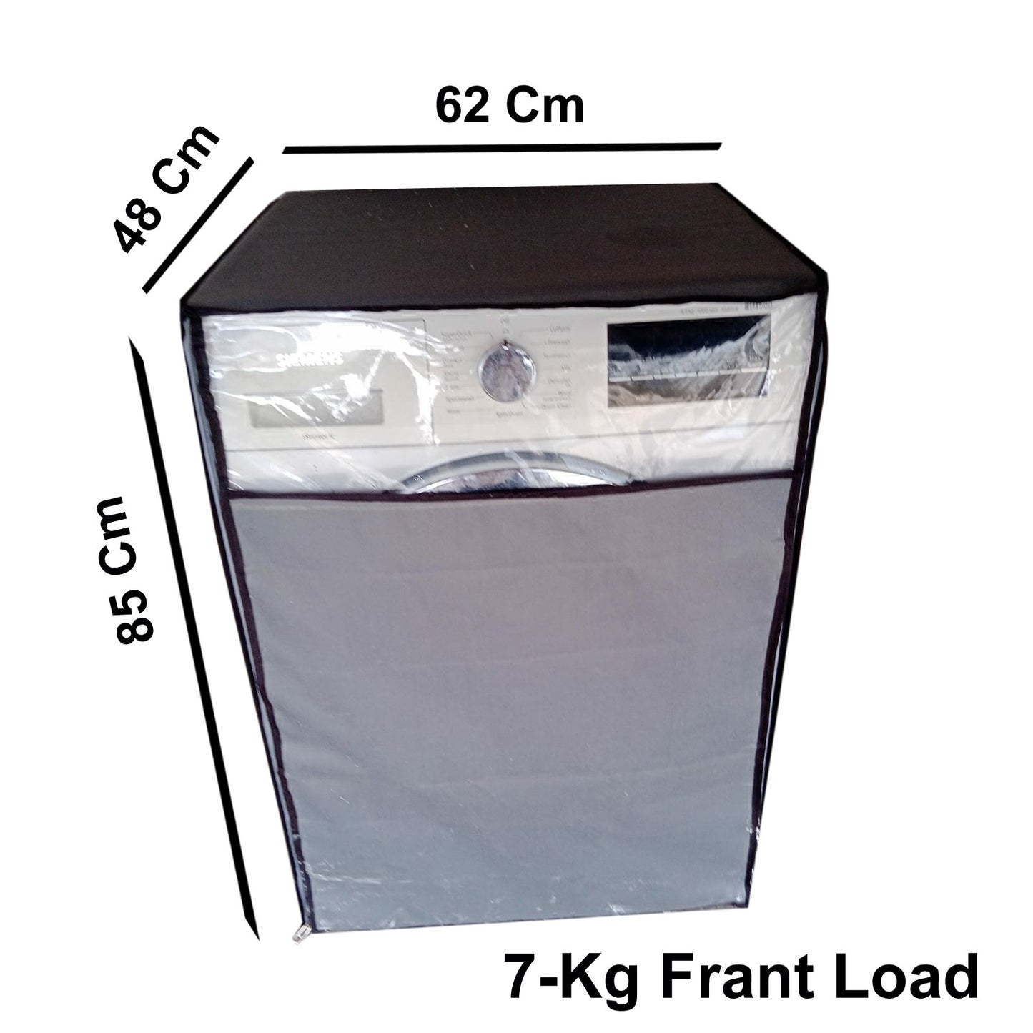 Grey Waterproof Washing Machine Cover for 7 Kg Front Load - 62 x 48 x 85 cm (Dustproof & Protective, Black Border)
