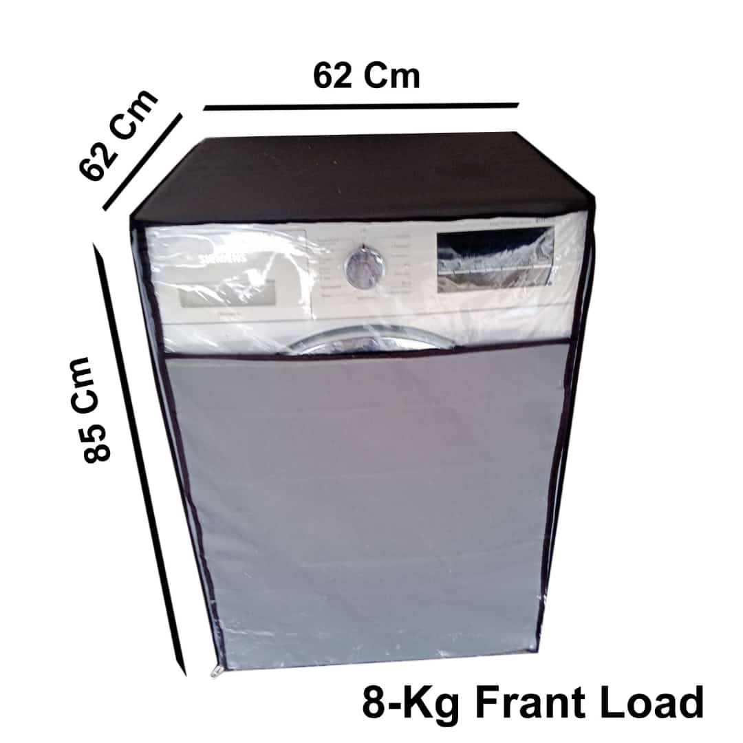 Grey Front Load Washing Machine Cover for 8 Kg – Transparent Control Panel Window – Waterproof & Dustproof – Size: 85x62x62 CM