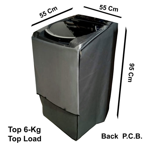 Grey Waterproof Washing Machine Cover for 6 Kg Top Load – Back P.C.B. – 55 x 55 x 95 cm (Dustproof & Protective, Black Border)